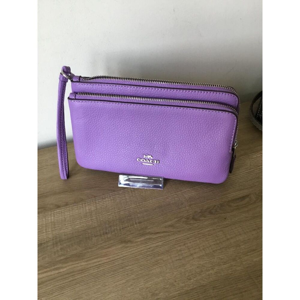 Coach Purple Double Zip Corner Pebbled Leather Wristlet Wallet NWOT